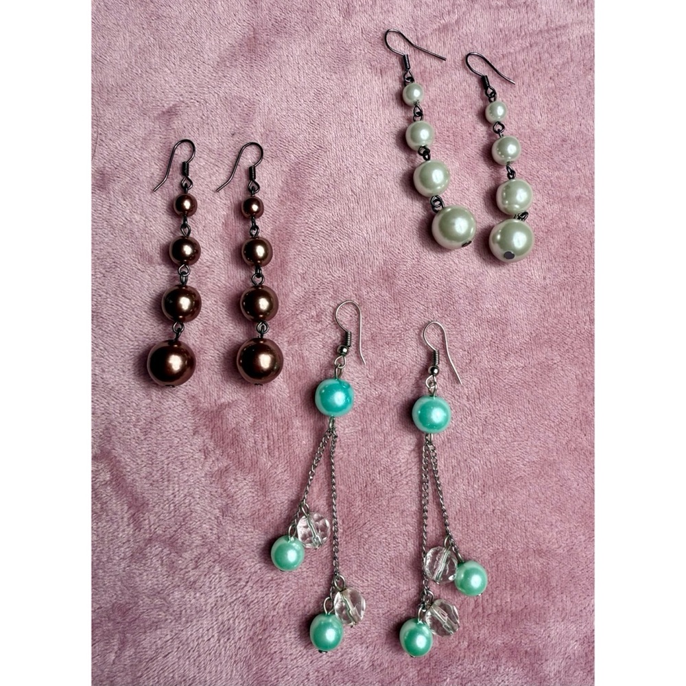 Lot of 3 Dangle Earrings Faux Pearl Drop White Brown Blue Costume Jewelry